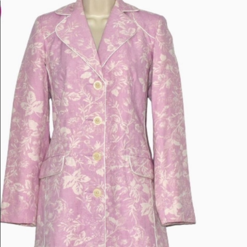 DIALOGUE Long Linen Blend Jacket in Pink Floral